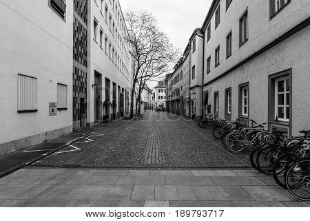 SCHWEINFURT GERMANY - APRIL 21 2017: Old streets in the historic part of the city. Schweinfurt - a medieval city founded in 761 year.