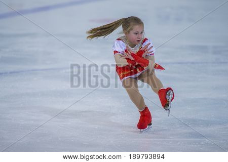 Minsk Belarus -April 23 2017: Unidentified Female Figure Skater performs Chicks Ladies Free Skating Program at Minsk Arena Cup 2017 International Figure Skating Competition in April 23 2017 in Minsk Belarus
