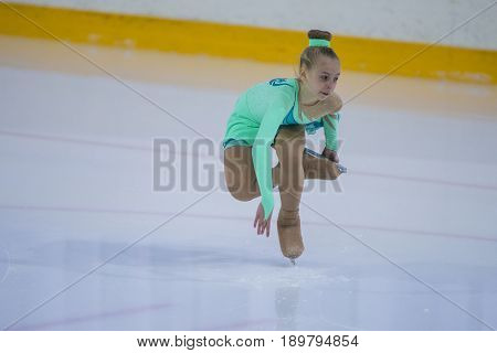 Minsk Belarus -April 23 2017: Unidentified Female Figure Skater performs Chicks Ladies Free Skating Program at Minsk Arena Cup 2017 International Figure Skating Competition in April 23 2017 in Minsk Belarus