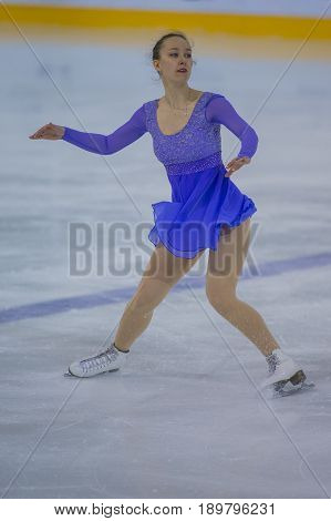 Minsk Belarus -April 23 2017: Unidentified Female Figure Skater Performs Adult Ladies Free Skating Program at Minsk Arena Cup 2017 International Figure Skating Competition in April 23 2017 in Minsk Belarus