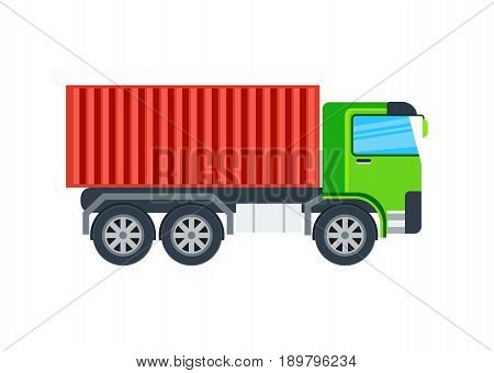 Freight truck isolated icon. Modern lorry car, commercial cargo transport side view vector illustration in flar design.