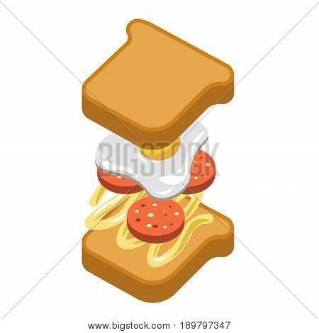 Sandwich or fast food burger constructor of ingredients and filling layers of bacon sausage, toast bread, fried egg and sauce. Vector flat isolated icon for fastfood menu infographics