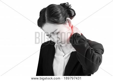 Acute Pain And Sore Throat Symptom In A Businesswoman Isolated On White Background. Clipping Path On