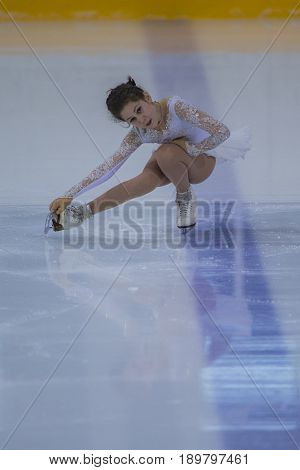Minsk Belarus -April 23 2017: Unidentified Female Figure Skater performs Chicks Ladies Free Skating Program at Minsk Arena Cup 2017 International Figure Skating Competition in April 23 2017 in Minsk Belarus