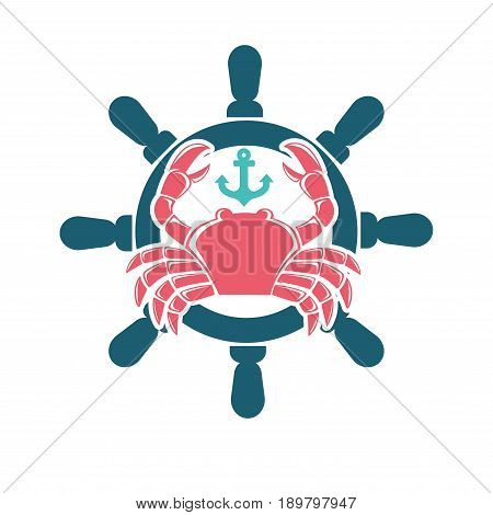 Seafood menu colorful minimalistic emblem. Big red crab with glossy shell and claws, small turquoise anchor above and navy steering wheel behind isolated vector illustration on white background.