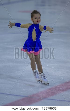 Minsk Belarus -April 23 2017: Unidentified Female Figure Skater performs Chicks Ladies Free Skating Program at Minsk Arena Cup 2017 International Figure Skating Competition in April 23 2017 in Minsk Belarus