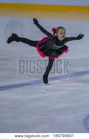 Minsk Belarus -April 23 2017: Unidentified Female Figure Skater performs Chicks Ladies Free Skating Program at Minsk Arena Cup 2017 International Figure Skating Competition in April 23 2017 in Minsk Belarus