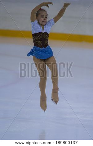 Minsk Belarus -April 23 2017: Unidentified Female Figure Skater performs Chicks Ladies Free Skating Program at Minsk Arena Cup 2017 International Figure Skating Competition in April 23 2017 in Minsk Belarus