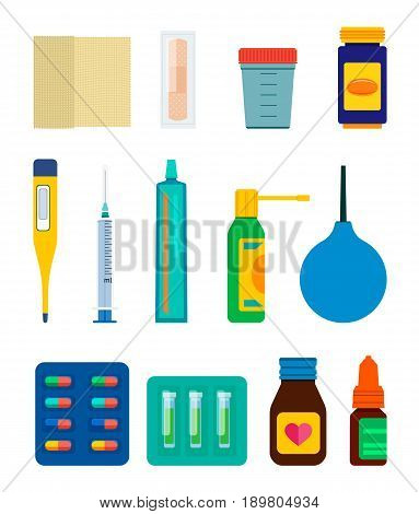 Set of pharmacy and medical items isolated on white background. Vector illustration