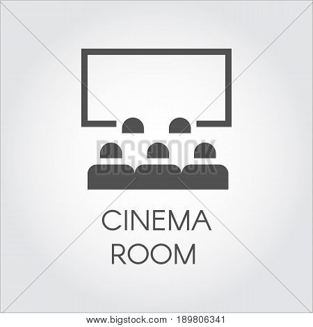 Black simple icon of audience in room cinema or video presentation concept. Design web pictogram. Label drawn in flat style on a gray background. Vector illustration logo for your projects