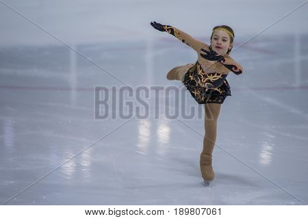 Minsk Belarus -April 23 2017: Unidentified Female Figure Skater performs Chicks Ladies Free Skating Program at Minsk Arena Cup 2017 International Figure Skating Competition in April 23 2017 in Minsk Belarus