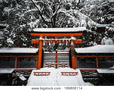 A crimson, shinto gate covered in snow