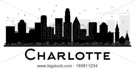 Charlotte City skyline black and white silhouette. Simple flat concept for tourism presentation, banner, placard or web site. Cityscape with landmarks.