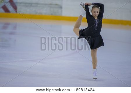 Minsk Belarus -April 23 2017: Unidentified Female Figure Skater performs Chicks Ladies Free Skating Program at Minsk Arena Cup 2017 International Figure Skating Competition in April 23 2017 in Minsk Belarus