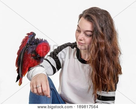Teenage Girl With Red Parrot