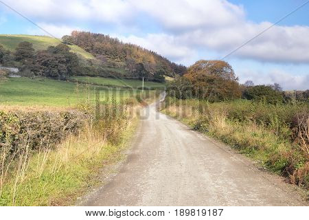 A Quiet Country Lane Winding Through The Rural Countrside Of Wales, Great Britain