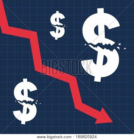 Crashed dollar sign and falling graph, financial crisis, business illustration vector