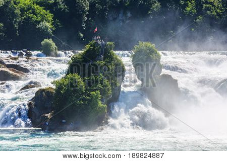 View of Rhine falls (Rheinfalls) the largest plain waterfall in Europe. It is located in northern Switzerland.
