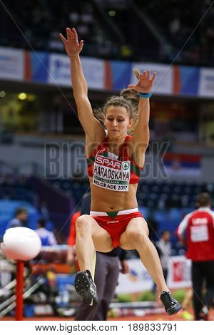 BELGRADE SERBIA - MARCH 3-5 2017: WOMAN LONG JUMP PENTATHLON HARADSKAYA HANNA EUROPEAN ATHLETICS INDOOR CHAMPIONSHIPS IN BELGRADE SERBIA