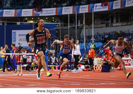 BELGRADE SERBIA - MARCH 3-5 2017: MAN 60M HURDLES MARTINOT-LAGARDE PASCAL EUROPEAN ATHLETICS INDOOR CHAMPIONSHIPS IN BELGRADE SERBIA