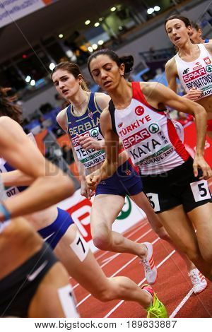 BELGRADE SERBIA - MARCH 3-5 2017: WOMAN 1500M TERZIC AMELA EUROPEAN ATHLETICS INDOOR CHAMPIONSHIPS IN BELGRADE SERBIA