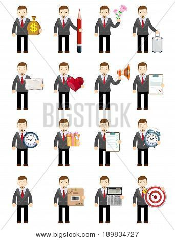 Set. Businessman Holding Money, pencil, flowers, suitcase, envelope, heart, megaphone contract clock gift box alarm clock agreement calculator mystery arrow. Stock flat vector illustration.