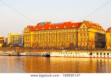 Hitorical building of Faculty of Law on Dvorak's Embankment at Vltava River. Part of Charles University in Prague, Czech Republic, Europe.