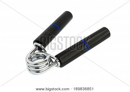 Manual spring loaded carpal expander with metal handles isolated on white background