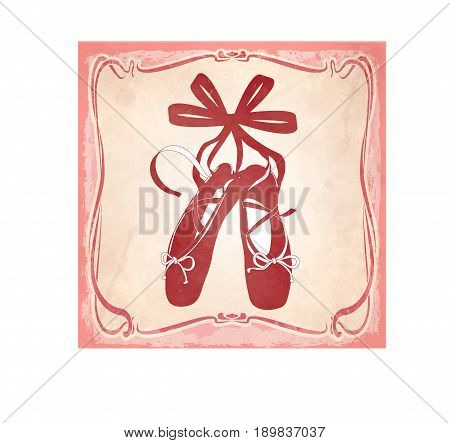 Watercolor pointe shoes with ribbon bow. Hand drawn work with flowers on light pink backgrounds in dark and tiny frame