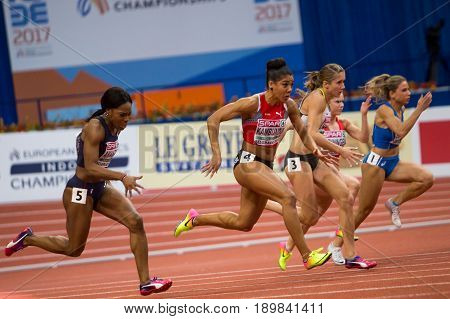 BELGRADE SERBIA - MARCH 3-5 2017: WOMAN 60M EUROPEAN ATHLETICS INDOOR CHAMPIONSHIPS IN BELGRADE SERBIA