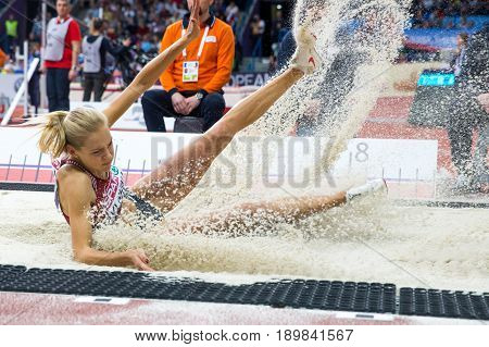 BELGRADE SERBIA - MARCH 3-5 2017: WOMAN LONG JUMP PENTATHLON KLISHINA DARYA EUROPEAN ATHLETICS INDOOR CHAMPIONSHIPS IN BELGRADE SERBIA
