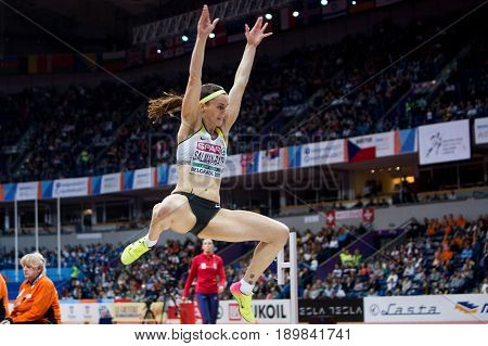 BELGRADE SERBIA - MARCH 3-5 2017: WOMAN LONG JUMP PENTATHLON SALMAN-RATH CLAUDIA EUROPEAN ATHLETICS INDOOR CHAMPIONSHIPS IN BELGRADE SERBIA