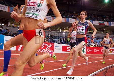 BELGRADE SERBIA - MARCH 3-5 2017: WOMAN 1500M TERZIC AMELA EUROPEAN ATHLETICS INDOOR CHAMPIONSHIPS IN BELGRADE SERBIA