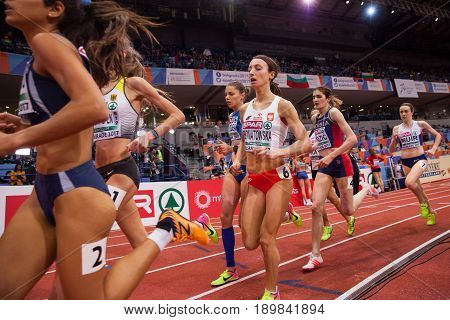 BELGRADE SERBIA - MARCH 3-5 2017: WOMAN 1500M EUROPEAN ATHLETICS INDOOR CHAMPIONSHIPS IN BELGRADE SERBIA