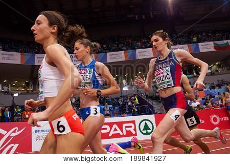 BELGRADE SERBIA - MARCH 3-5 2017: WOMAN 1500M TERZIC AMELA EUROPEAN ATHLETICS INDOOR CHAMPIONSHIPS IN BELGRADE SERBIA