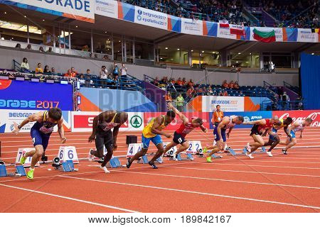 BELGRADE SERBIA - MARCH 3-5 2017: MAN 60M EUROPEAN ATHLETICS INDOOR CHAMPIONSHIPS IN BELGRADE SERBIA