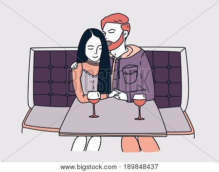 Young couple sits in a cafe and drinks wine. Romantic date. Red-haired guy hugs girl. Lineart colorful flat illustration