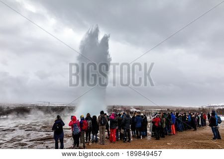 Erupting Of The Great Geysir Lies In Haukadalur Valley