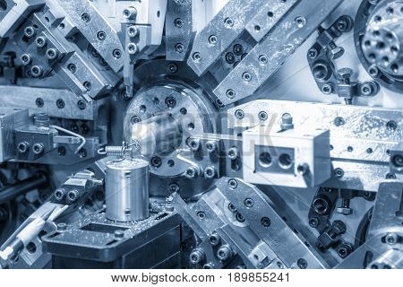 The coil spring manufacturing machine in light blue scene