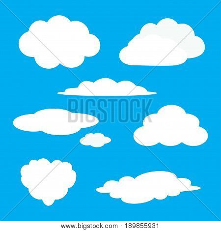 White cloud icon set. Fluffy clouds. Cute cartoon cloudscape. Cloudy weather sign symbols. Flat design Web app decoration element. Blues sky background. Isolated. Vector illustration
