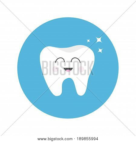 Healthy tooth round icon with smiling face. Shining star effect. Whitening. Cute cartoon character. Oral dental hygiene. Children teeth care. Blue background. Flat design. Vector illustration