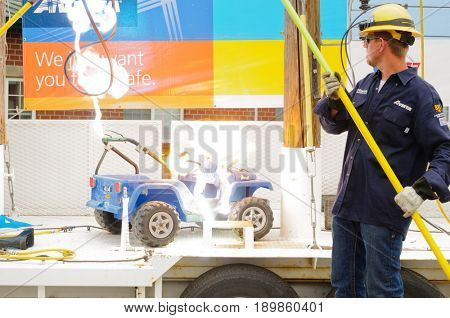 Mead, WA - June 3, 2017: Fire station 92 Wellness day demonstrations, Avista engineers showing dangers of high voltage electricity arcing