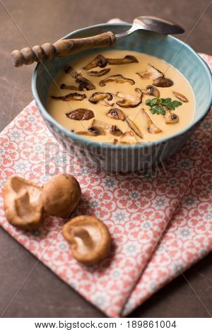 Cream Mushroom Soup in Bowl on Stone Background. Homemade Mushrooms Pottage Puree.