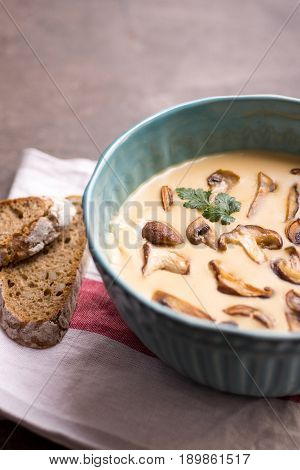 Cream Mushroom Soup in Bowl on Stone Background. Homemade Mushrooms Pottage Puree.
