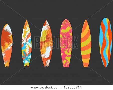 Types Of Surfboards With A Pattern. Water Sports And Hobbies. Vector Illustration
