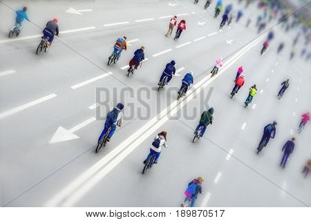 Tilt shift blur effect. Mass urban cycling marathon, back to us. Concept of Sport, healthy lifestyle, aktivity. Diagonal photo frame. Selective focus. For backdrop