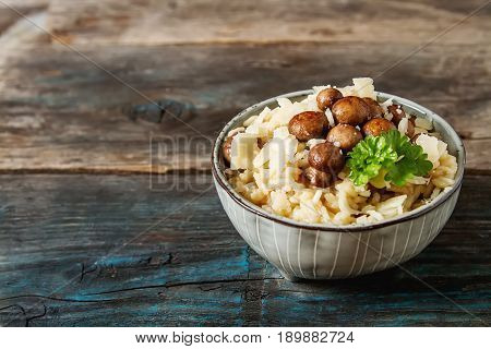 Mushroom Risotto With Parmesan Cheese. Italian Food. Simple Back