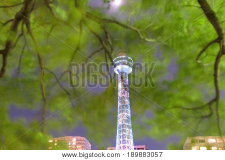 YOKOHAMA, JAPAN - JUNE 03, 2017 : Marine Tower as seen from Yamashita park in Yokohama, Japan taken on June 03, 2017. Marine tower has observatory deck overseeing the entire city