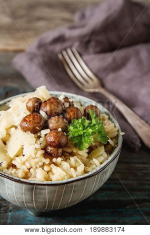 Mushroom Risotto With Parmesan Cheese. Italian Food. Simple Back