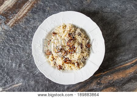 Mushroom Risotto With Parmesan Cheese. Italian Food. Simple Back